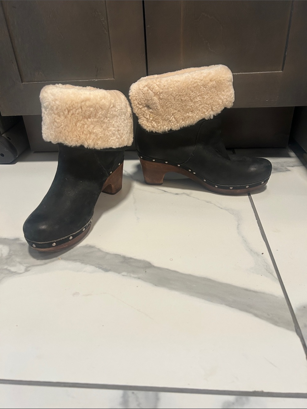 UGG Black Suede Shearling Cuff Clog Booties